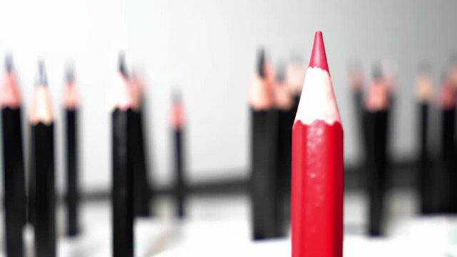 A vivid red pencil stands out among a group of blurred black pencils against a bright white backdrop highlighting uniqueness, leadership, and individuality.