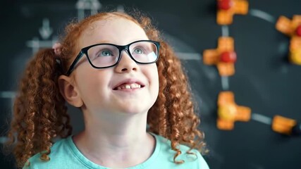 Close-up of a smiling redheaded girl in glasses looking upward, set against a chalkboard background with arrows and a STEM toy. Educational and cheerful, studio shot. - Powered by Adobe