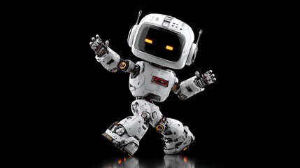 A bright white robot with glowing orange eyes performs a playful dance on a glossy black background
