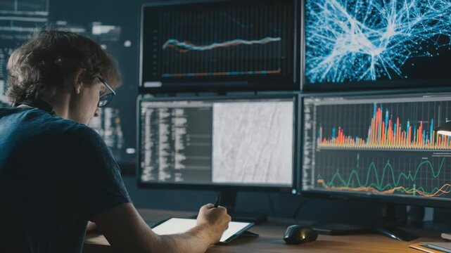 Specialist designing algorithms for efficient big data analysis featuring dynamic charts and network diagrams on screens.
