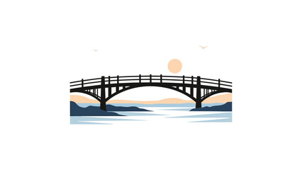 A serene illustration of a dark arched bridge spanning across a calm body of water with a soft sunset in the background.