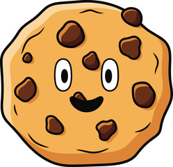 a wide-eyed, grinning cartoon chocolate chip cookie with a slightly irregular, soft-baked shape.