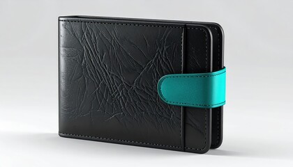 A close-up shot of a black leather wallet with a teal strap, showcasing its design.