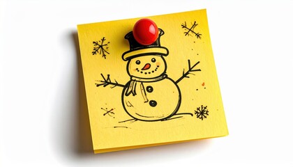 A yellow sticky note with a snowman drawing, held in place by a red pushpin.