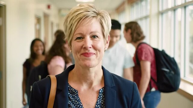 A smiling mature woman in a navy blazer walks through a school hallway, surrounded by diverse students, carrying a tan bag against a backdrop of white walls.