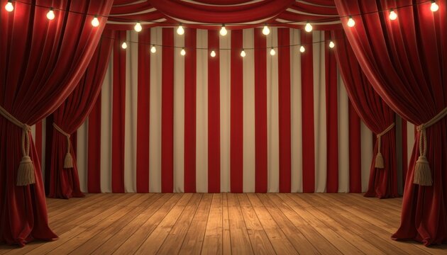 Empty vintage circus or theater stage with red velvet curtains, striped backdrop, and festive string lights.