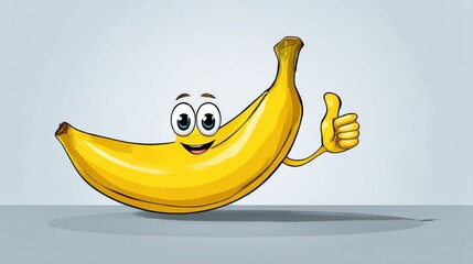 A cartoon banana with eyes and a like sign. This cheerful fruit character on a light background is suitable for children's projects and healthy eating promotions.