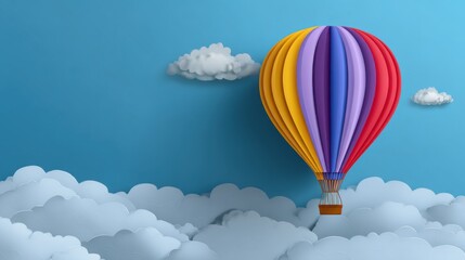 A bright hot air balloon above the clouds on a blue background. This papercraft-style illustration is perfect for children's projects, cards, and backdrops.