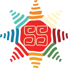 Abstract Sun Symbol With Swastika Swirls In Center Featuring Red Orange Yellow Blue Green Beige Hues