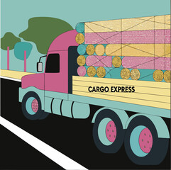 Cargo Express Semi Truck with Trailer on Highway, Daytime Vector Illustration
