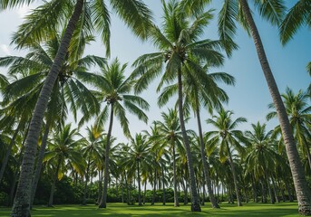 Obraz premium Lush tropical palmtree garden scene, with tall elegant palms swaying gently under a clear sky. A serene natural landscape, perfect for relaxation and escape ,foliage ,growth ,idyllic