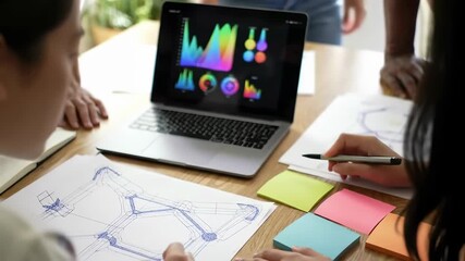Team collaborating around wooden table with laptop showing colorful charts, hand drawn diagrams, and sticky notes in bright office, emphasizing teamwork and creative solutions.