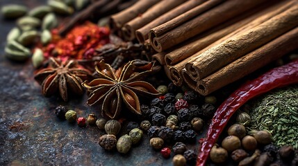 A close-up, high-detail macro shot of a variety of colorful whole spices (cinnamon sticks, star anise, dried chili, peppercorns) arranged artfully on a dark