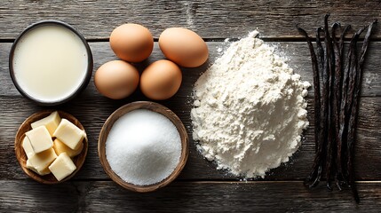 A clean, organized top-down view of essential baking ingredients: flour, eggs, sugar, and fresh vanilla beans neatly arranged on a rustic wooden table, bright diffused lighting