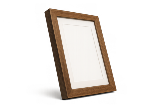 Blank wooden picture frame mockup with white mat and transparent background, providing space for text or image insertion