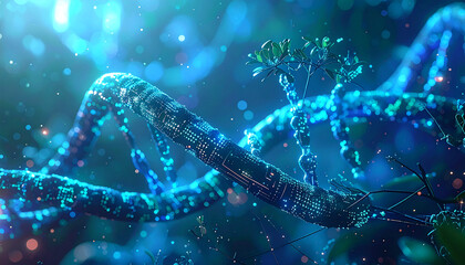 DNA strand in the Nature's Embrace: A vibrant DNA double helix seamlessly merges with the essence of nature, forming a beautiful illustration of interconnectedness and scientific discovery.