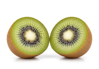Fototapeta premium Two halves of a vibrant, ripe kiwifruit display their green flesh and dark seeds against a white background
