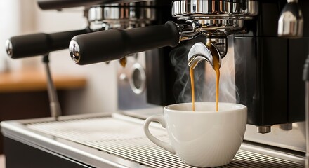 Espresso Machine Pouring Coffee into a White Cup.