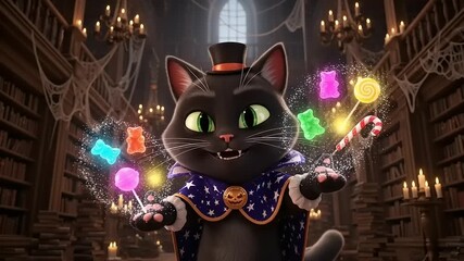 Enchanting Black Cat Magician Conjuring Halloween Candies in a Spooky Library. - Powered by Adobe