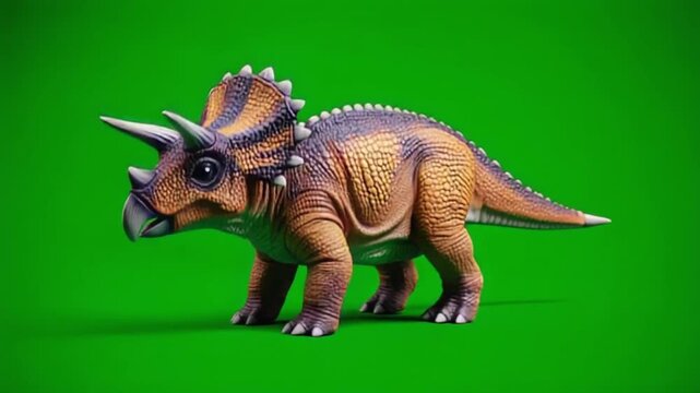 A triceratops toy standing on a green surface with a detailed skin texture and three horns visible dinosaur green screen video
