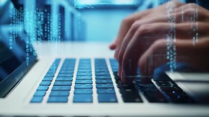 Close up of hands typing on a laptop keyboard with digital code overlay in blue tones on a server room background representing technology, programming, and cybersecurity - Powered by Adobe
