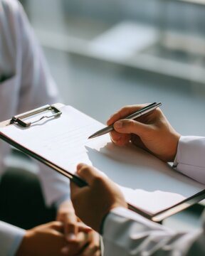 Doctor taking notes on clipboard during medical checkup in modern clinic