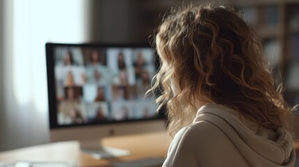 Young professional participating in group video call from desk in modern office with desktop computer