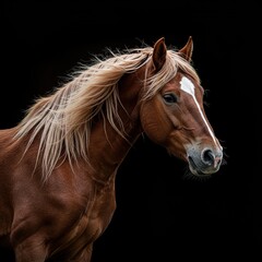 Obraz premium Magnificent equine creature showcasing its long, flowing mane caught in gentle breeze, embodying wild beauty and freedom in nature ,wilderness ,energy ,wild