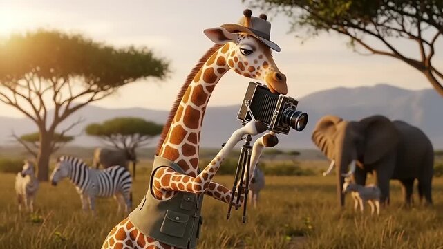 Giraffe Photographer Captures Wildlife on Safari with Vintage Camera.