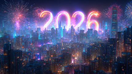 Obraz premium Bright neon year 2026 illuminated above a vibrant cityscape at night