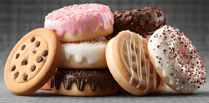 Collection of round cookie cookies biscuit, sprinkle and icing set, on transparent background cutout. PNG file. Many assorted different flavour. Mockup template for artwork design