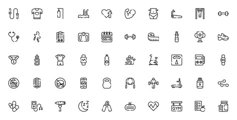 Gym icon set. Fitness vector illustrations. Includessymbols for workout, treadill, dumbbell, nutrition, ealthy lifestyle, trainingequipment and more.