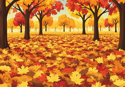 Forest floor covered in colorful fallen autumn leaves with tree trunks visible