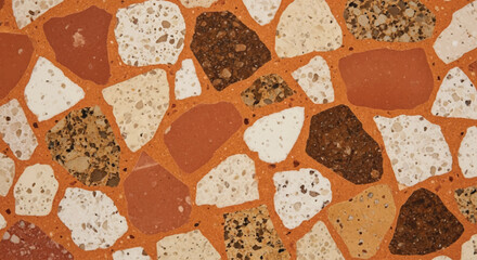Burnt orange terrazzo with terracotta, cream, and brown granite pieces, warm mediterranean style, Retro 70s style terrazzo pattern