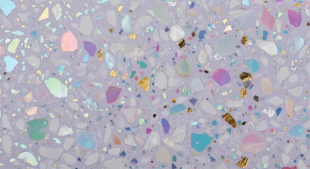 Light lavender terrazzo background with shimmering holographic and gold flecks, Luxury pastel terrazzo surface, Modern abstract texture