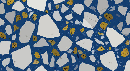 Mediterranean blue terrazzo texture tile, Large white marble aggregate, Luxury blue terrazzo flooring and wallpaper, Navy blue terrazzo with oversized white and gold flecks