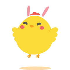 Adorable Yellow Chick Wearing Pink Bunny Ears and Blush Cheeks with Shadow on Transparent Background
