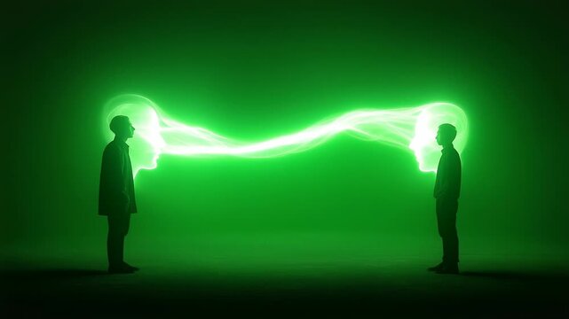 Two people facing each other, connected by a dynamic stream of glowing energy that flows between their minds, symbolizes the flow of communication, the transfer of ideas, and shared consciousness.