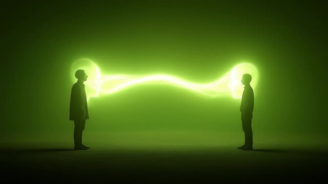 Two people facing each other, connected by a dynamic stream of glowing energy that flows between their minds, symbolizes the flow of communication, the transfer of ideas, and shared consciousness.