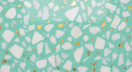 Mint green terrazzo background with white marble chips and gold accents, Contemporary terrazzo texture, Tropical and coastal terrazzo pattern
