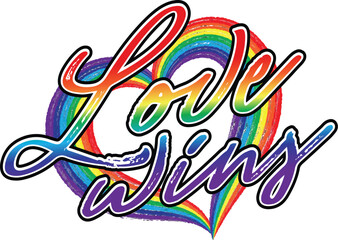 Love Wins - Pride Month Design With Bold Gradient Typography, Hand-Painted Rainbow Brushstroke, And Rainbow Heart Icon