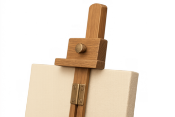 Wooden easel holding a blank canvas, ready for an artist to begin a new creation. Art equipment on transparent background