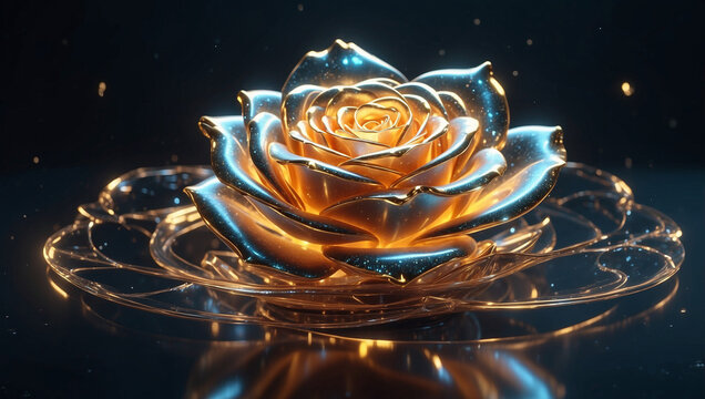 Glow of Darkness: High-Luster Golden Glass Rose Illuminating Deep Dark Space.