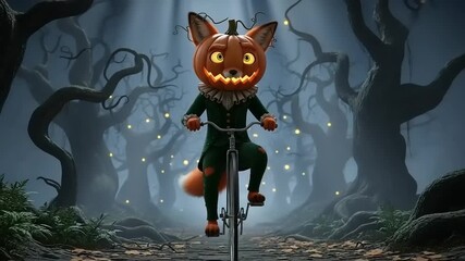 Spooky Halloween Fox Pumpkin Head Riding Bicycle Through Eerie Forest at Night. - Powered by Adobe