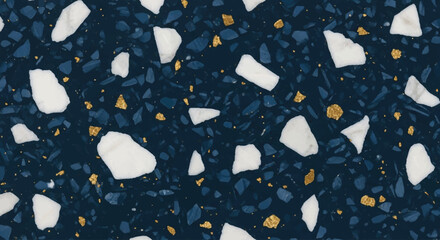 Navy blue terrazzo with white carrara marble pieces and gold speckles, Deep blue terrazzo surface, Coastal and yacht style terrazzo texture