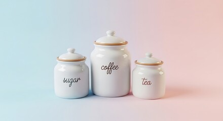 White ceramic jars with lids, labeled "sugar," "coffee," and "tea" in cursive script, against a soft pastel gradient background.