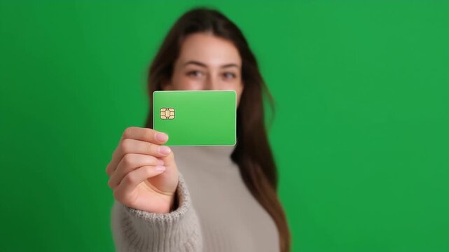 Smiling young woman pushing a green screen credit card toward the camera, bringing it into sharp focus, symbolizes easy payments, financial access, or a new offer.