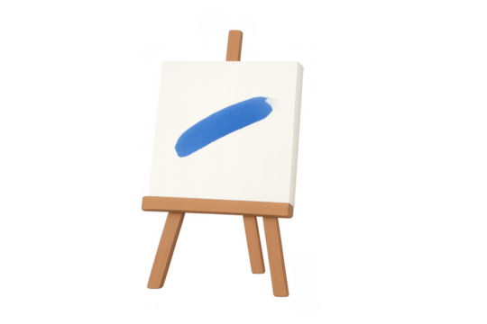 Easel with white canvas showing blue brushstroke, flat digital art illustration, creativity concept, transparent background