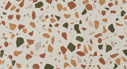 Terrazzo pattern with earth tone stone chips on beige background, Vintage terrazzo texture, Organic stone pieces in warm autumn colors