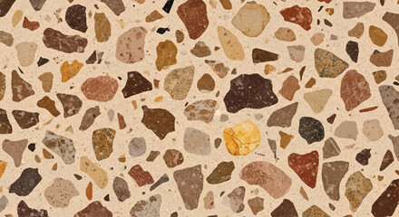 Earth tone terrazzo pattern with natural stone chips in brown, tan, and ochre on sandy background, Rustic organic feel